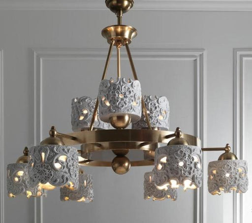 Beautiful Italian ceramic and brass chandelier with lace design